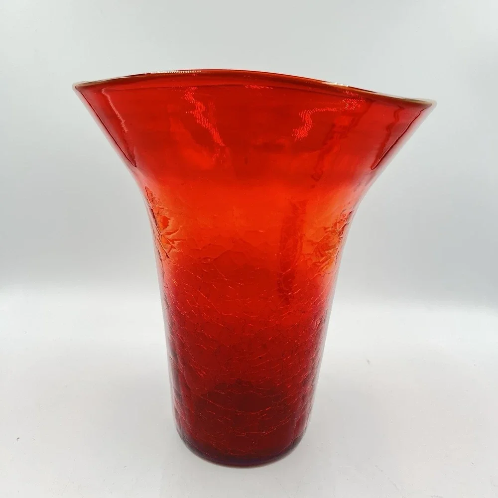 Kanawha Glass‎ Amberina Crackle Vase Flared Rim UV Glow MCM WV Art Glass VTG